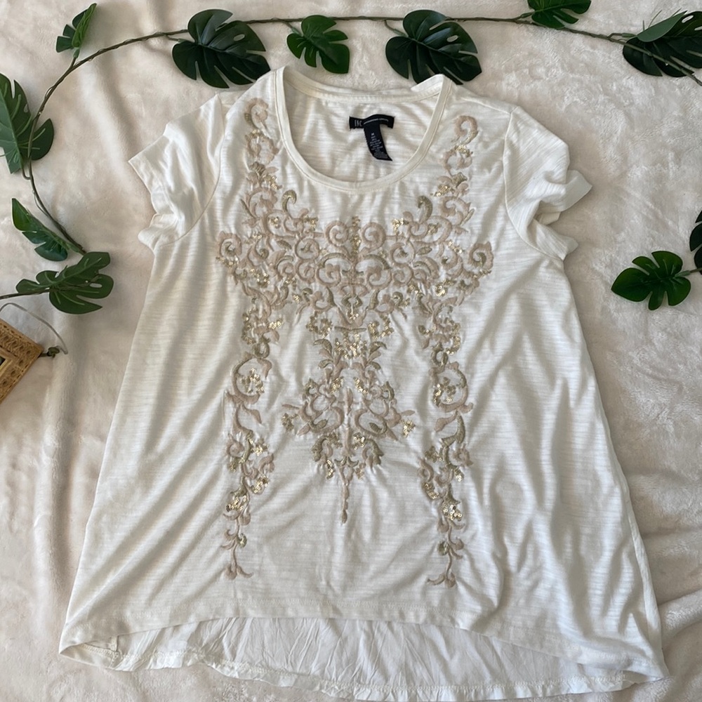 INC Embroidery Detail White/Beige/Gold Shirt Medium